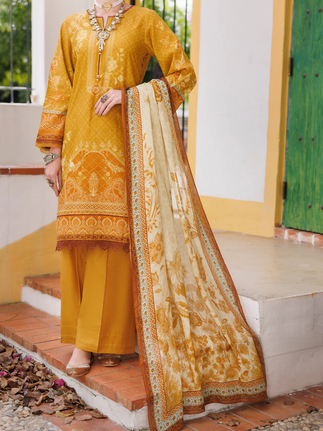 MUSTARD LAWN 3PC UNSTITCHED | ALP-3PS-2001 FB-2001A
