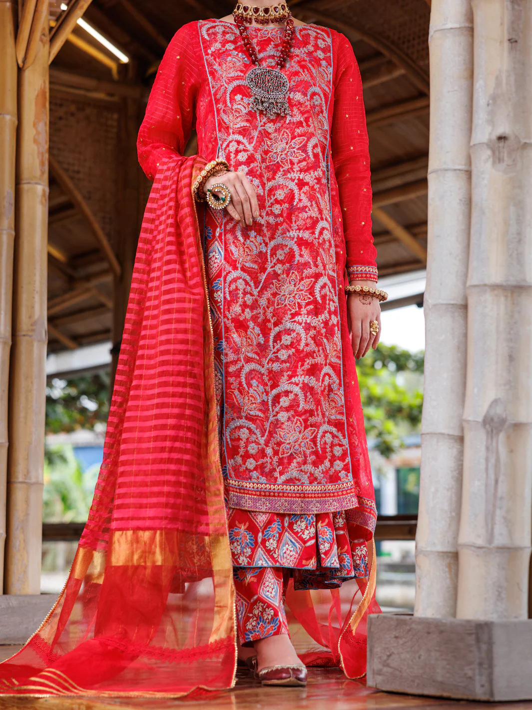 RED STRIP ORGANZA 3PC STITCHED | ALP-3PS-2025/S AM-3141A