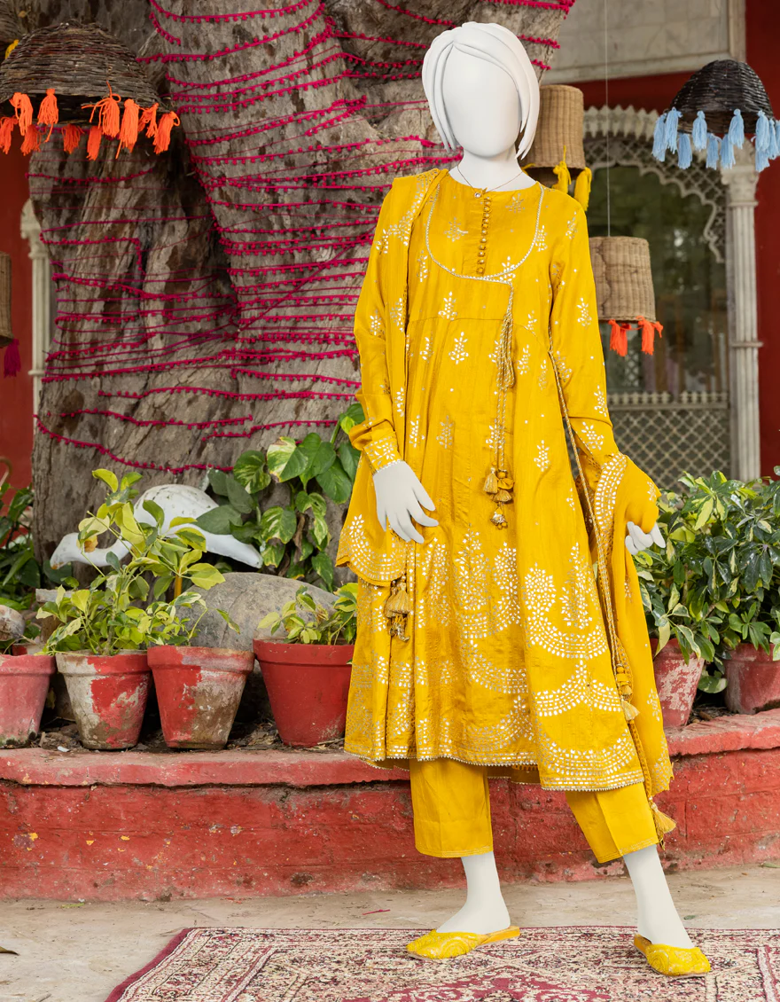 YELLOW RAW SILK 3PC STITCHED | JGK-S-YGTL-US-611-23 FB/KAYAL-718