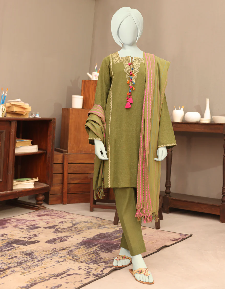 OLIVE KHADDAR 3PC STITCHED | JGK-YGK-JWT-W-US-22-3503 FB/JRM-694