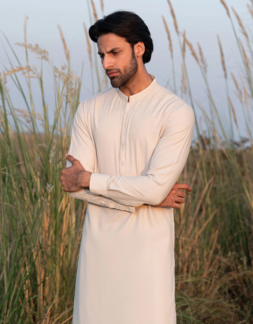 LIGHT BEIGE BLENDED KAMEEZ SHALWAR | JJKS-A-47341/S24/JJ9922-SF - Image 2