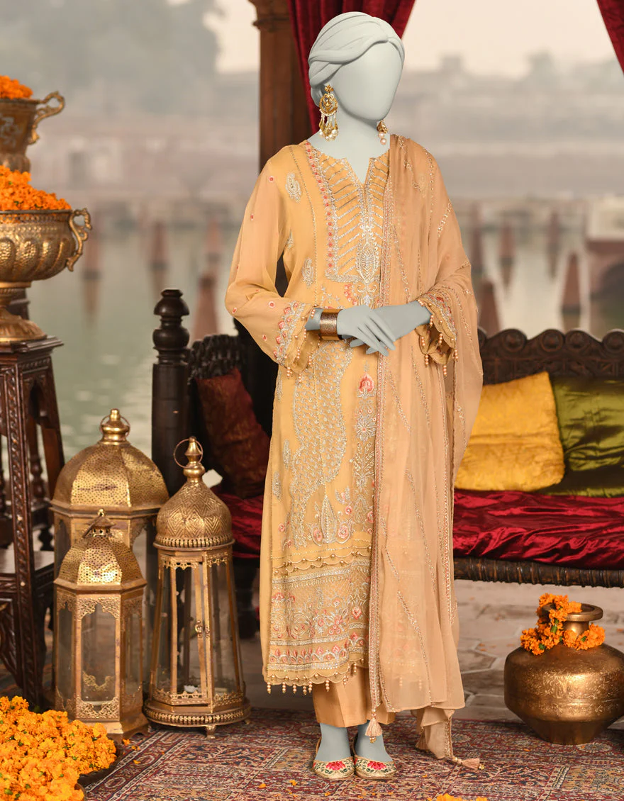 BEIGE ORGANZA 3PC UNSTITCHED | JJLS-S-JFU-25-707 FB/FALAK-07