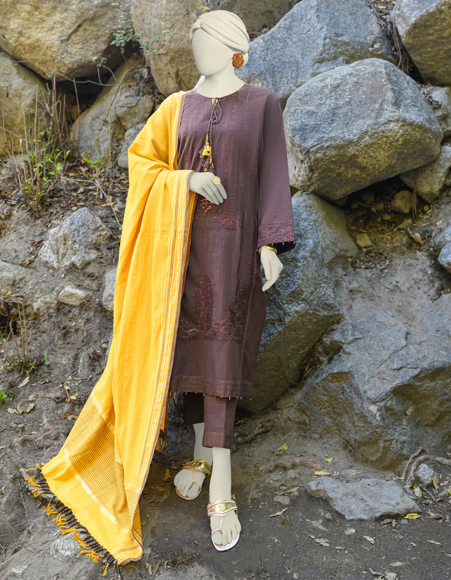 DARK BROWN JACQUARD 3PC UNSTITCHED | JJLS-W-JWU-US-23-1854 FB/EMB-023