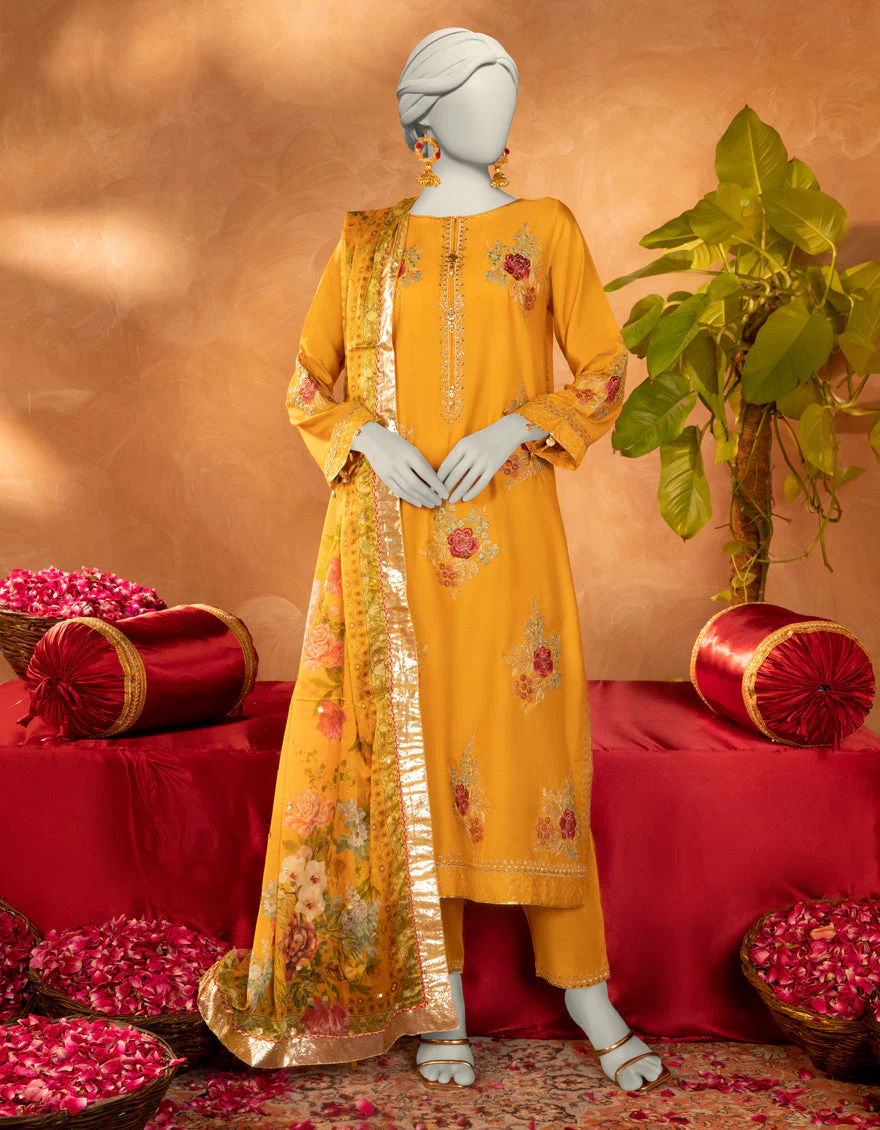 MUSTARD COTTON SILK 3PC STITCHED | JJPW-S-JPS-25-3907 FB/DANEEN-7