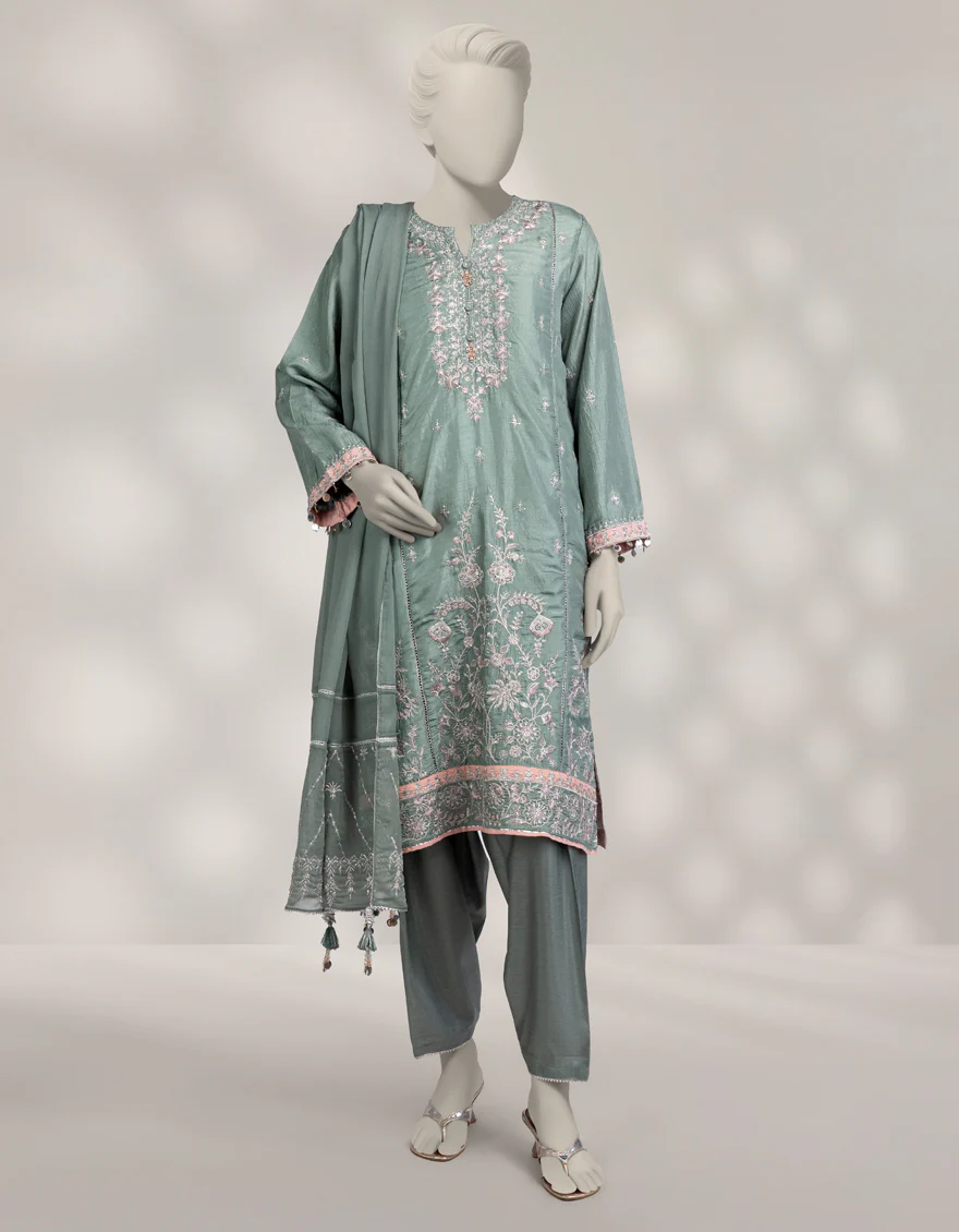 GREEN RAW SILK 3PC STITCHED | JJPW-W-JPS-25-3945 FB/DANEEN-02