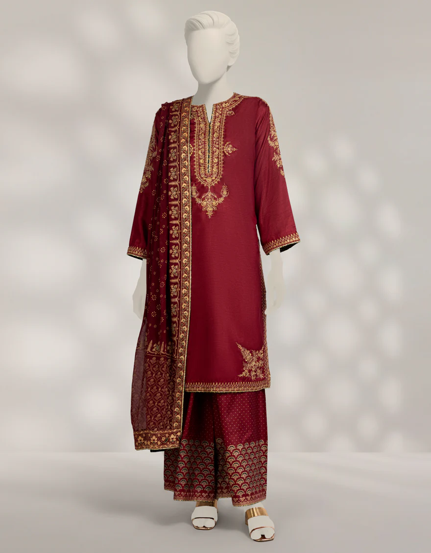 MAROON RAW SILK 3PC STITCHED | JJPW-W-JPS-25-3989 FB/DANEEN-01