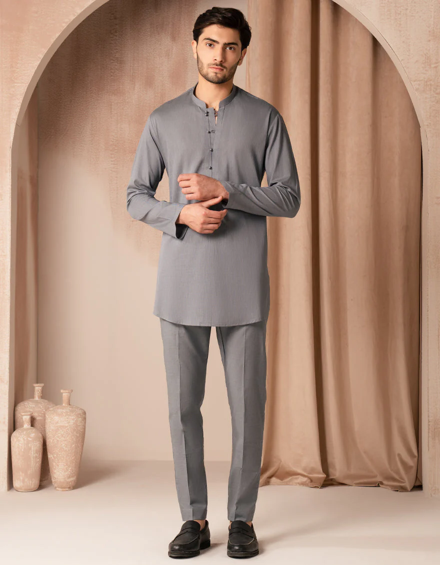 GREY COTTON SHORT KURTA TROUSERS | JJSHKP-A-50158/S25/JJ10023-CL