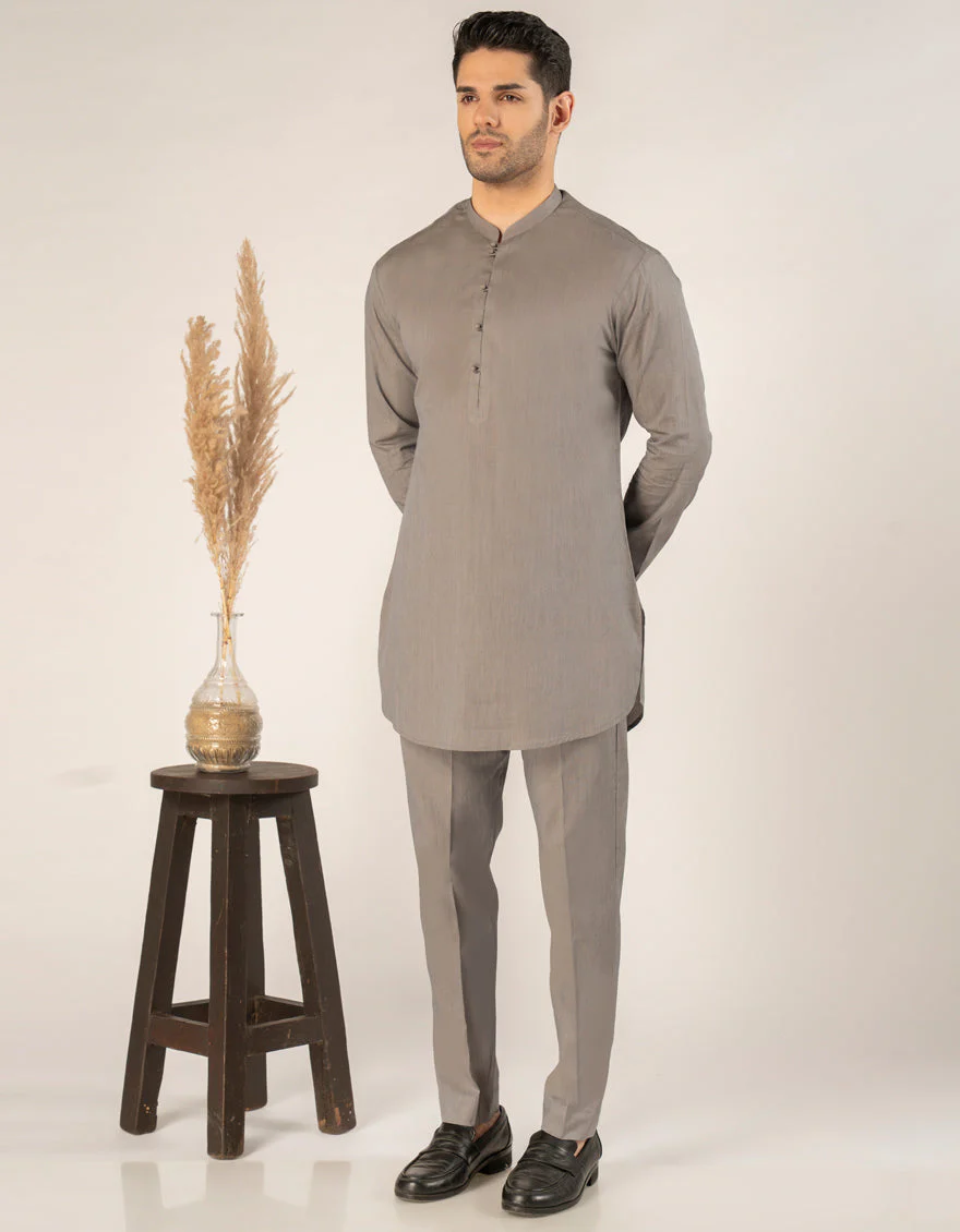 STONE GREY COTTON SHORT KURTA TROUSERS | JJSHKP-A-50160/S25/JJ10023-CL - Image 3