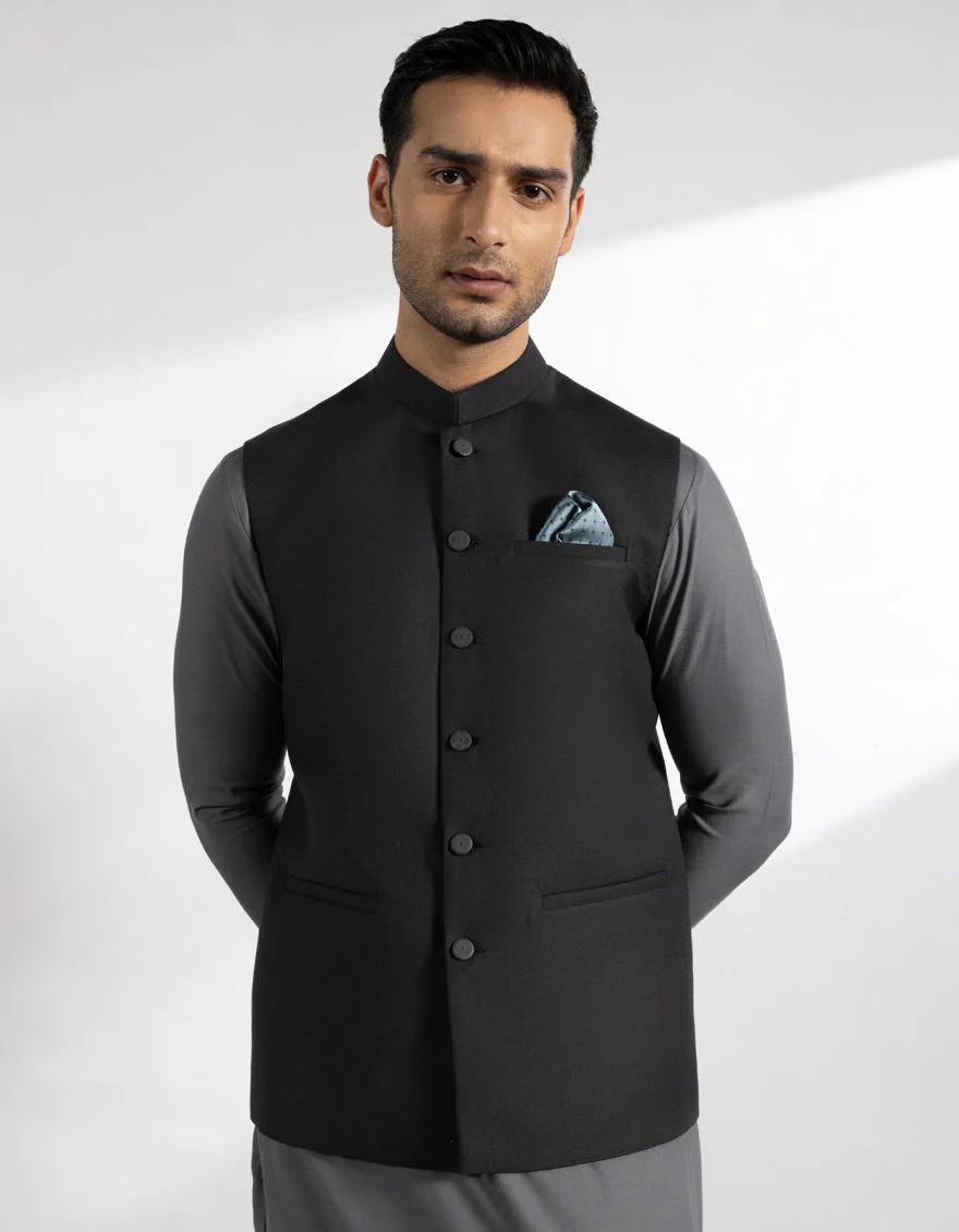 BLACK SUITING WAISTCOAT | JJVC-A-33535/S25/JJ10273-PN