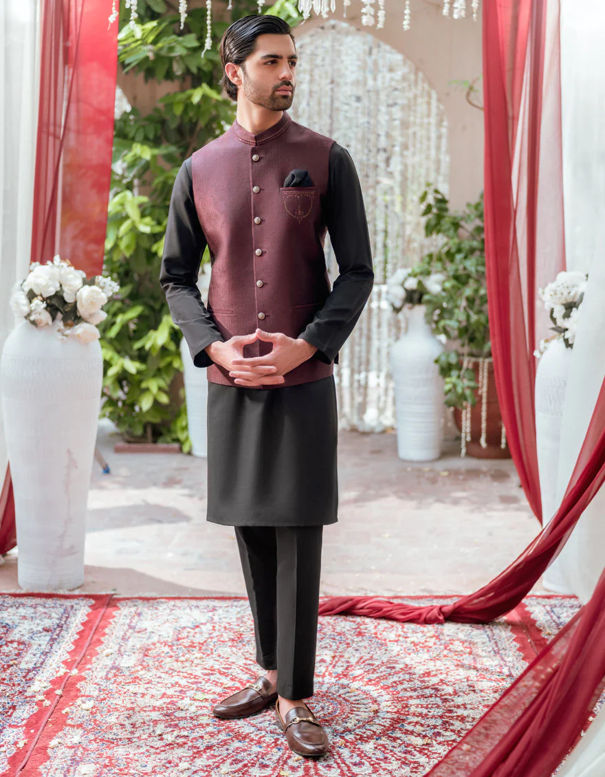 MAROON JAMAWAR WAISTCOAT | JJVC-A-48165/S24/JJ9384-FL - Image 2