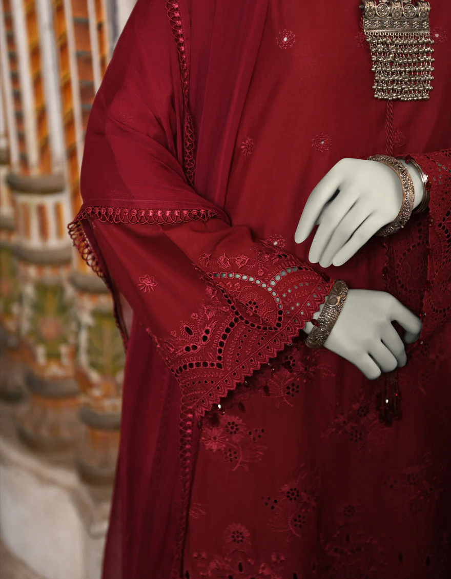 MAROON ORGANZA 3PC STITCHED | JLAWN-S-25-044/S SCHIFFLI-2 - Image 3