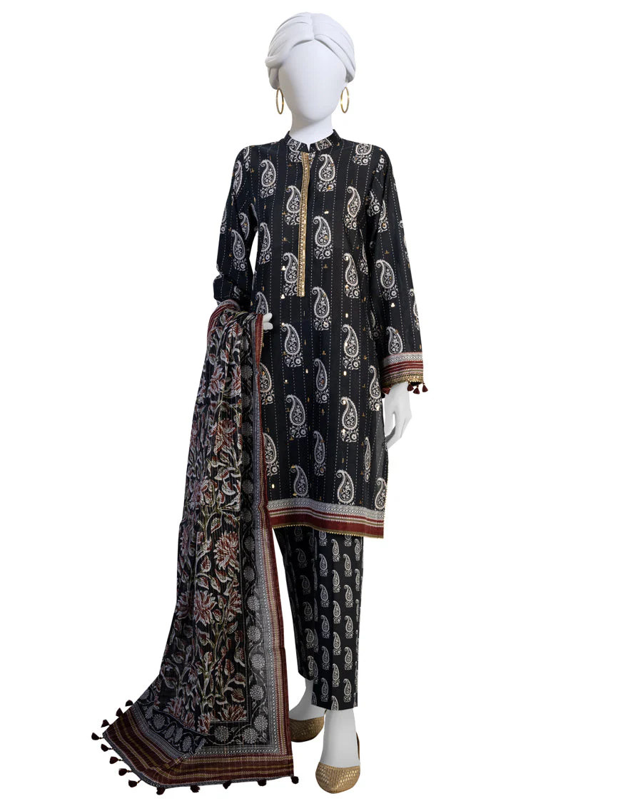 BLACK LAWN 3PC STITCHED | JLAWN-S-US-23-198/S MISKINA
