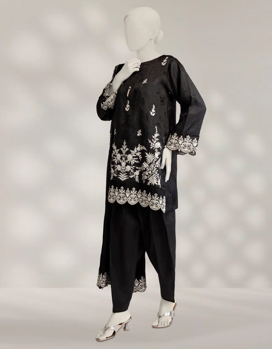BLACK RAW SILK 3PC UNSTITCHED | JLAWN-W-25-1033 RESHAMI-1