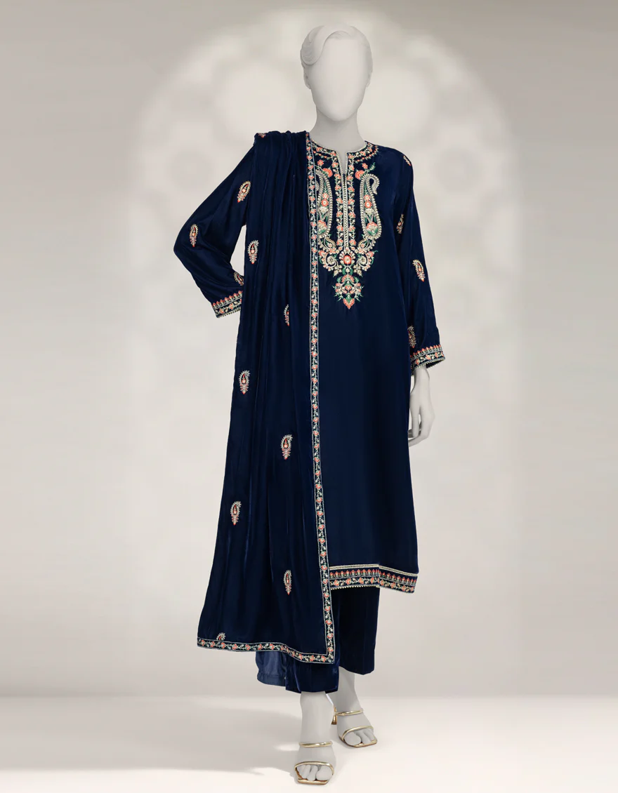 BLUE VELVET 3PC UNSTITCHED | JLAWN-W-25-3625 LUXE-C-3