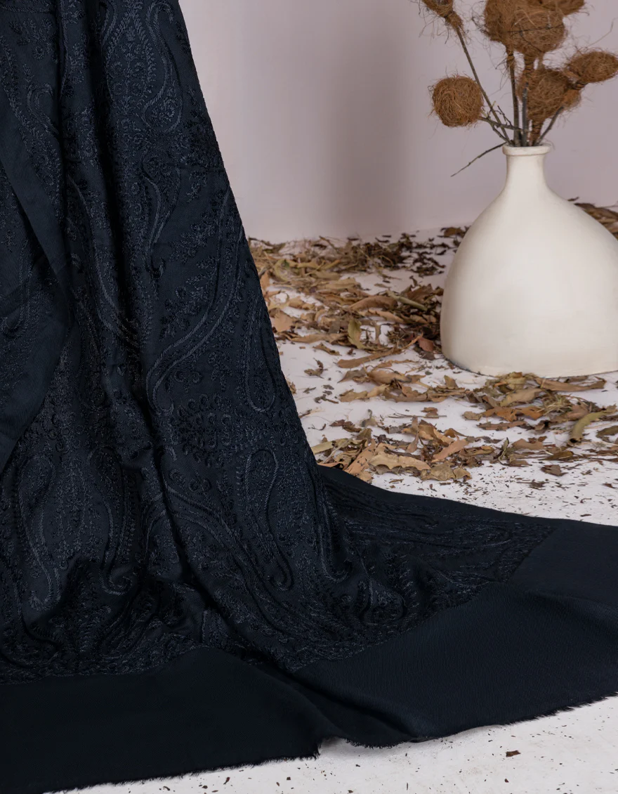 DARK BLACK LAWN SHAWL | JSH-SHW-US-22-073 FB/FANCY KASHMIRI JALL EMB SHAWL