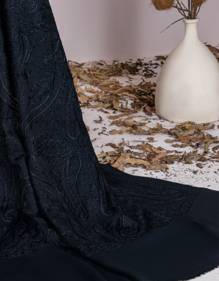 DARK BLACK LAWN SHAWL | JSH-SHW-US-22-073 FB/FANCY KASHMIRI JALL EMB SHAWL - Image 2
